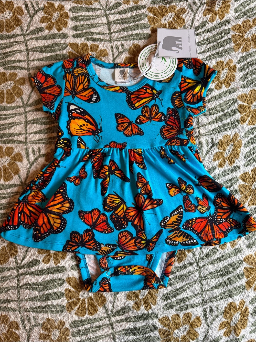 Gray Elephant Organic Cotton Blue Baby Dress with Orange Monarch Butterfly Print